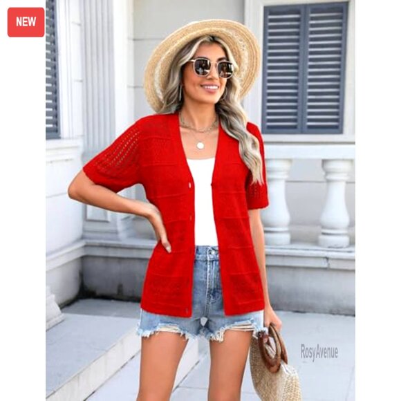 Crochet Cardigan Shrug V-Neck Cropped Lightweight Summer Boho Chic Button Up - Picture 2 of 3